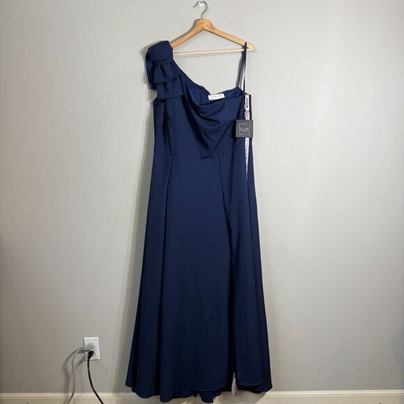 Ieena for Mac Duggal Bow One Shoulder A-Line Gown Womens 16 Navy Formal Slit NWT - Picture 4 of 16
